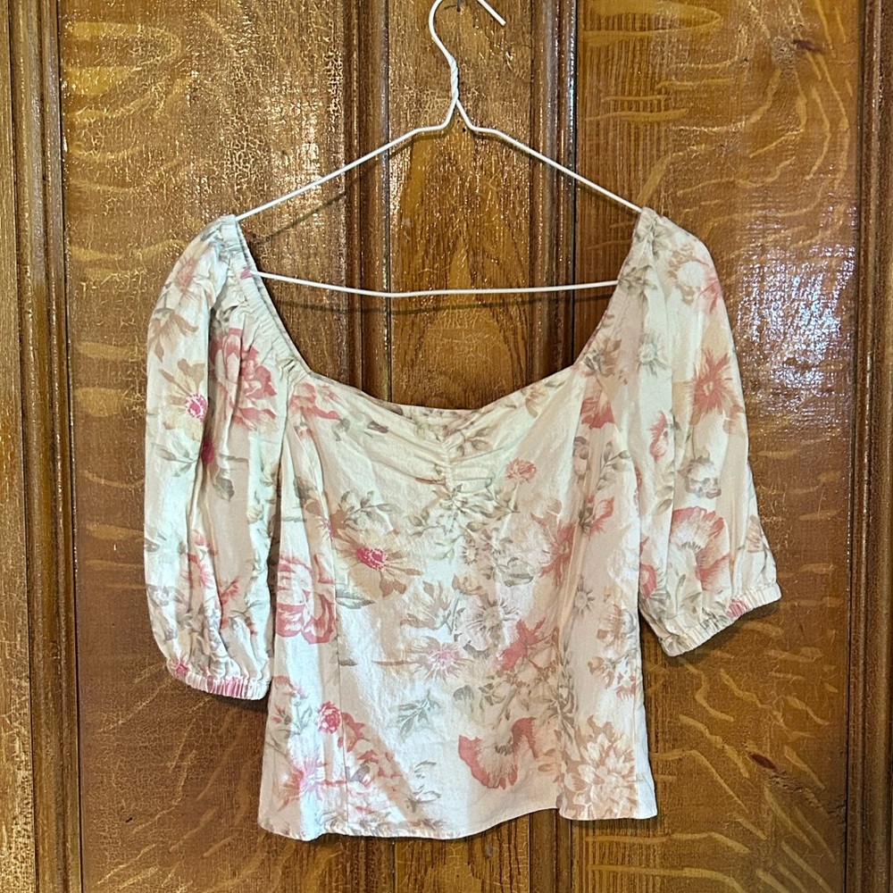 H&M Floral Linen-blend Top with Puff Sleeves